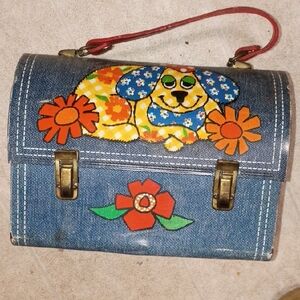 Vintage Denim Tin Lunchbox with Floral Dog Design